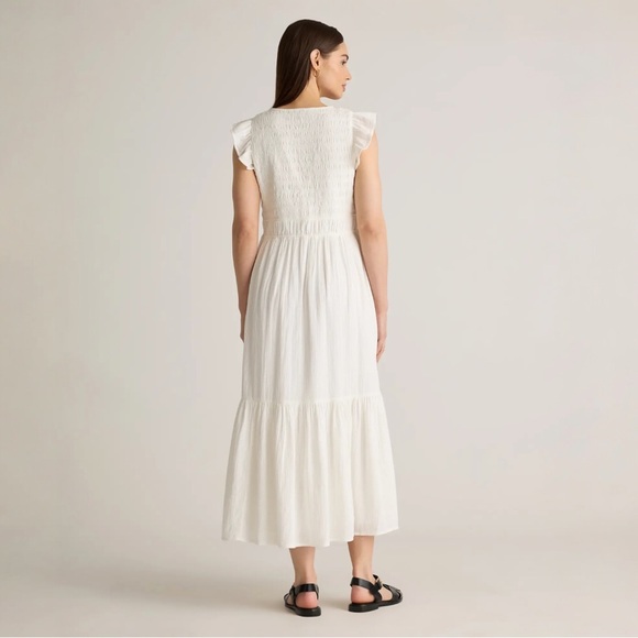Quince Organic Textured Cotton Smocked V-Neck Midi Dress White Large - Picture 5 of 14